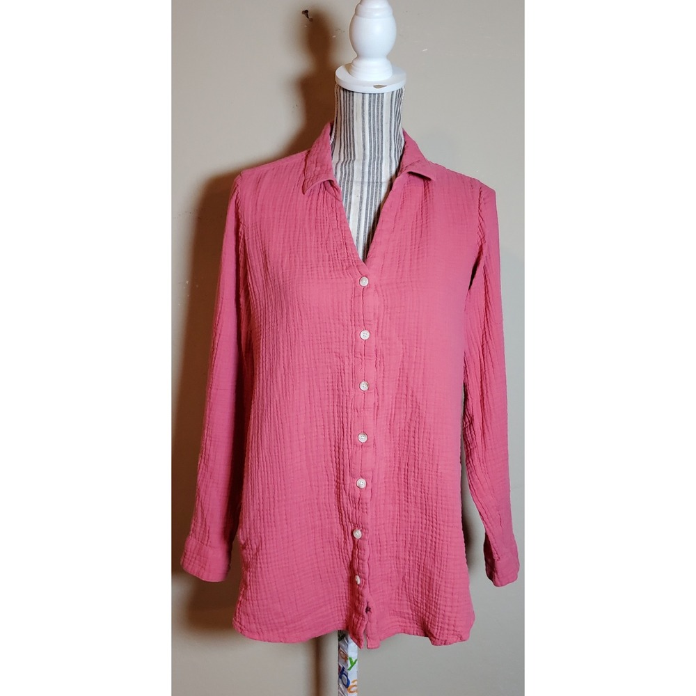 J. Jill Pink Double Gauze Cotton Button Down Tunic Top Long Sleeve Medium